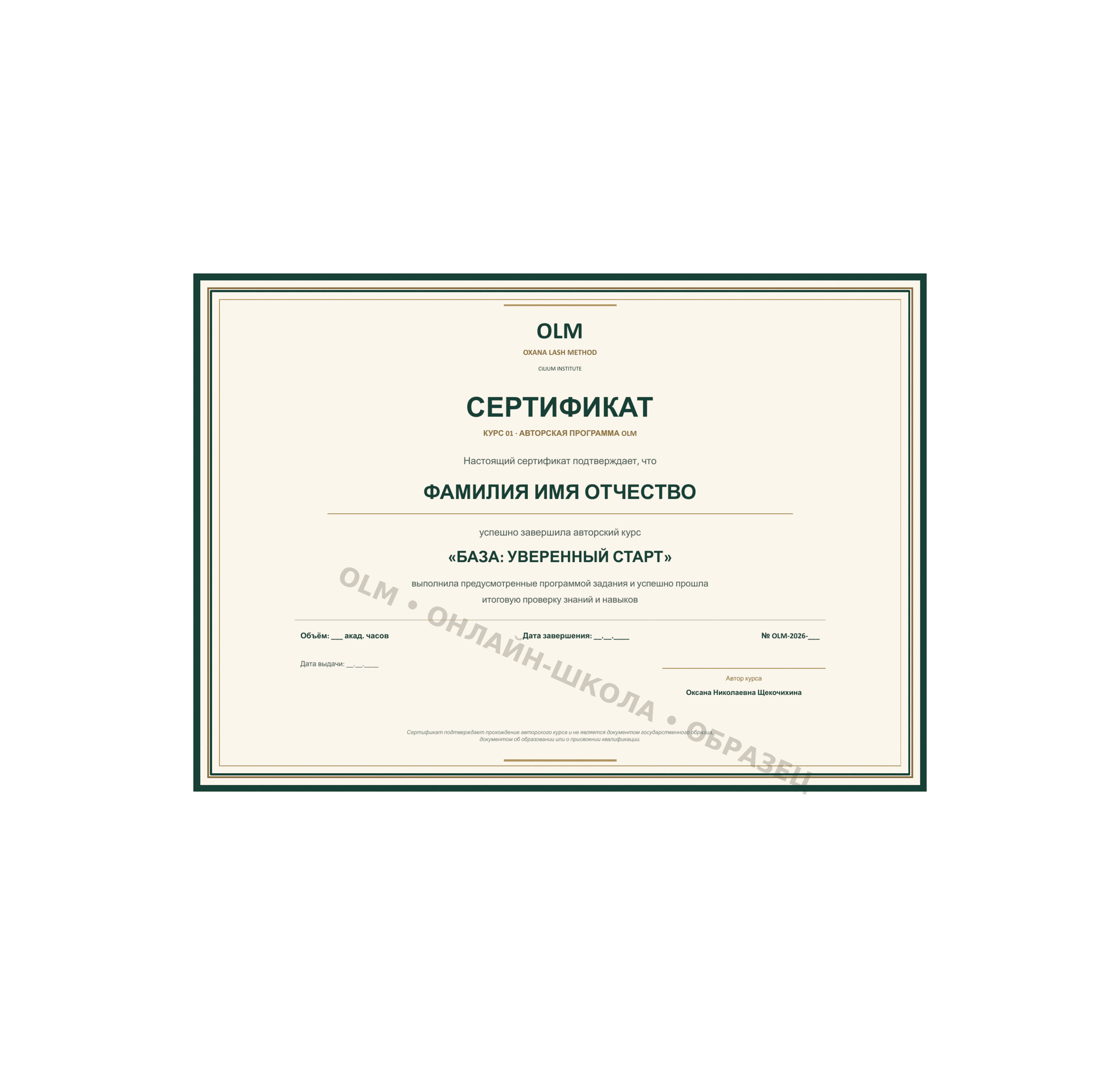 Защищённый водяным знаком образец сертификата OLM по курсу 01: База: уверенный старт