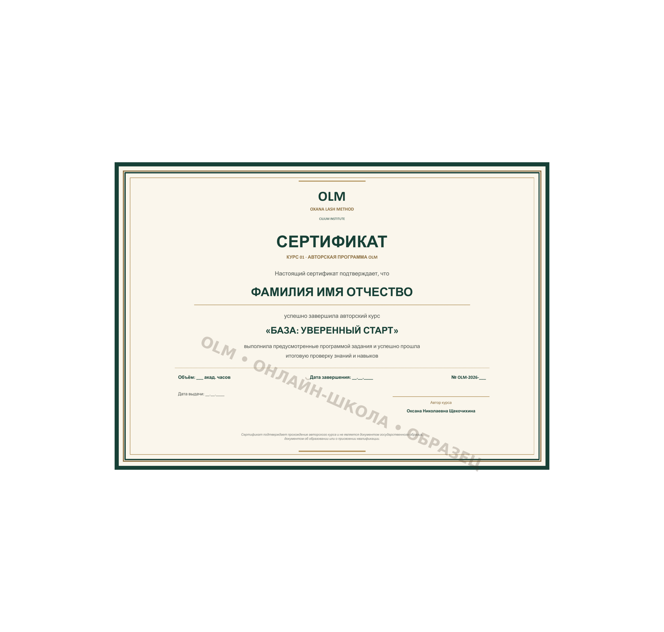Защищённый водяным знаком образец сертификата OLM по курсу 01: База: уверенный старт